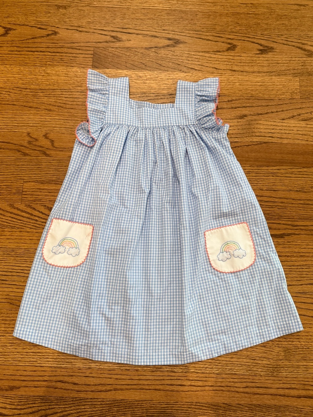 Blue Gingham Kids Dress with Rainbow Pocket Embroidery